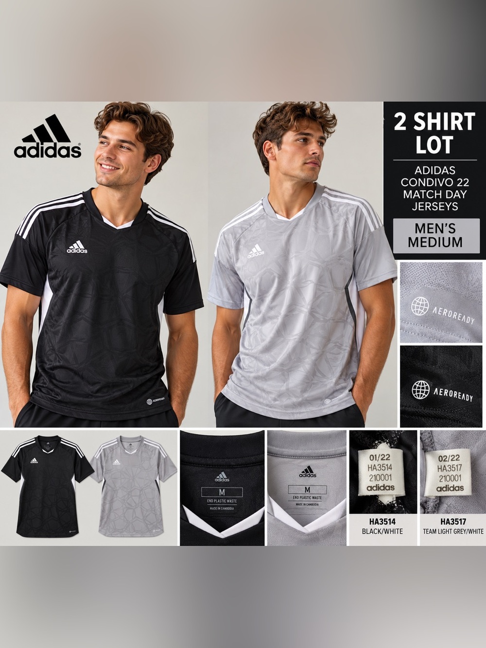 Lot of 2 Adidas Condivo 22 Match Day Soccer Jerseys Men’s M Black Gray AEROREADY